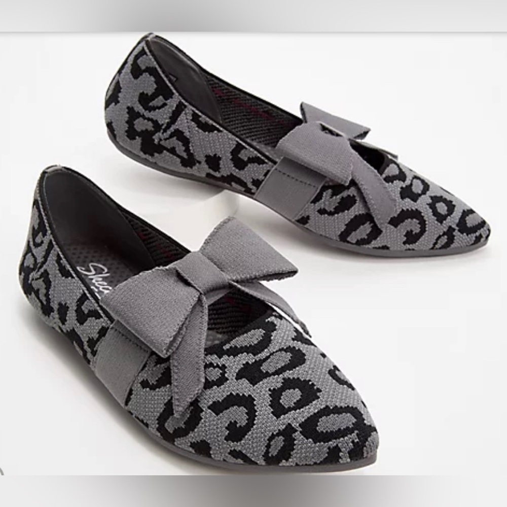 Skechers grey leopard shoes with bow.